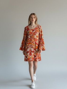 MSK Retro Orange Paisley Bell-Sleeve Midi Dress